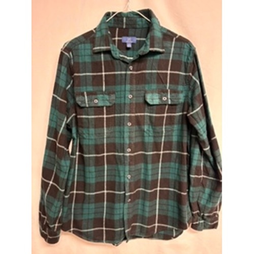 George Mens Green Black Plaid Flannel Button Down Shirt Size M 38-40